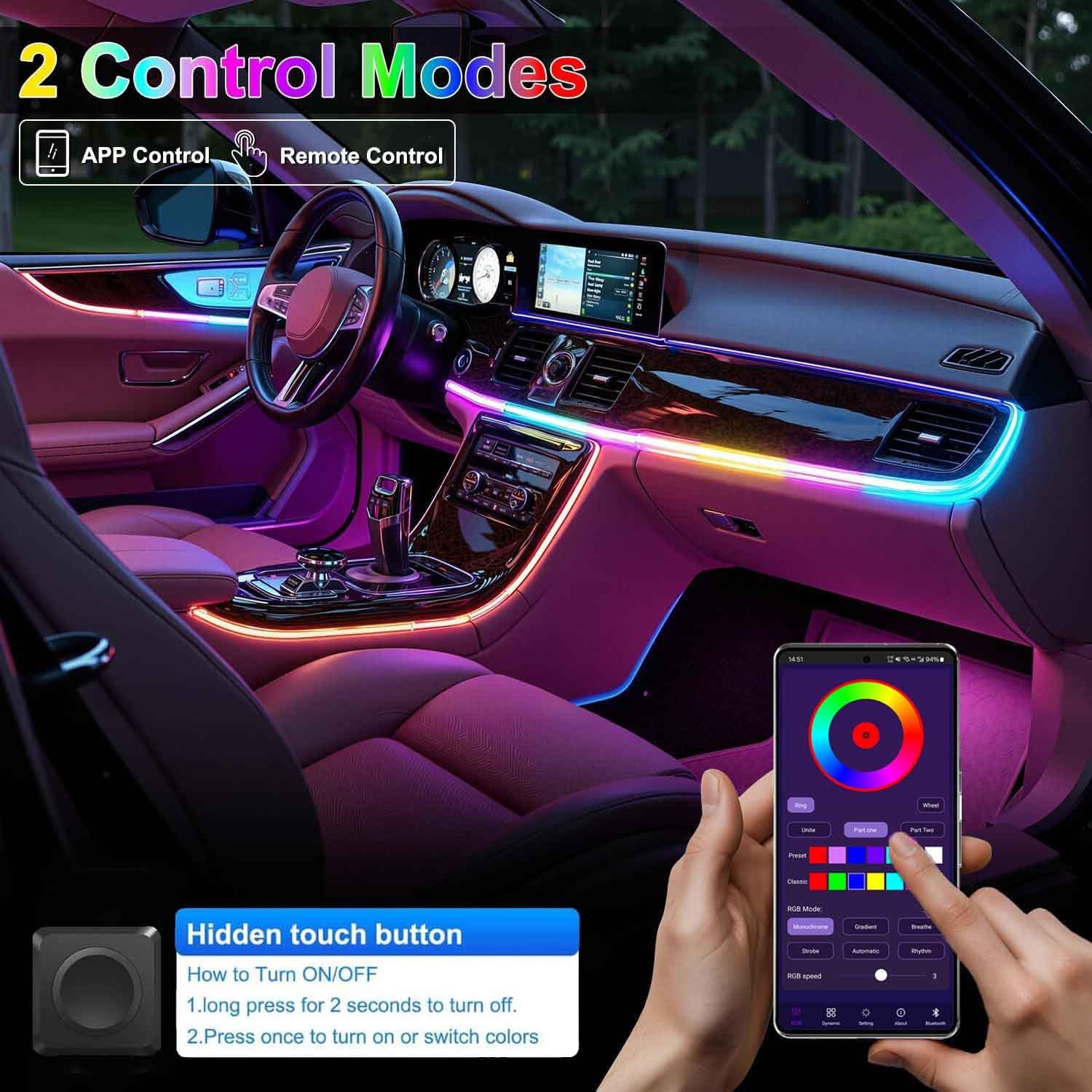 Acrylic Interior Car LED Strip Light with Wireless APP, RGB 18 in 1 with 175 inches 593 LEDs Fiber Optic Ambient Lighting Kits, 16 Million Colors Sound Active Function Car Neon Lights