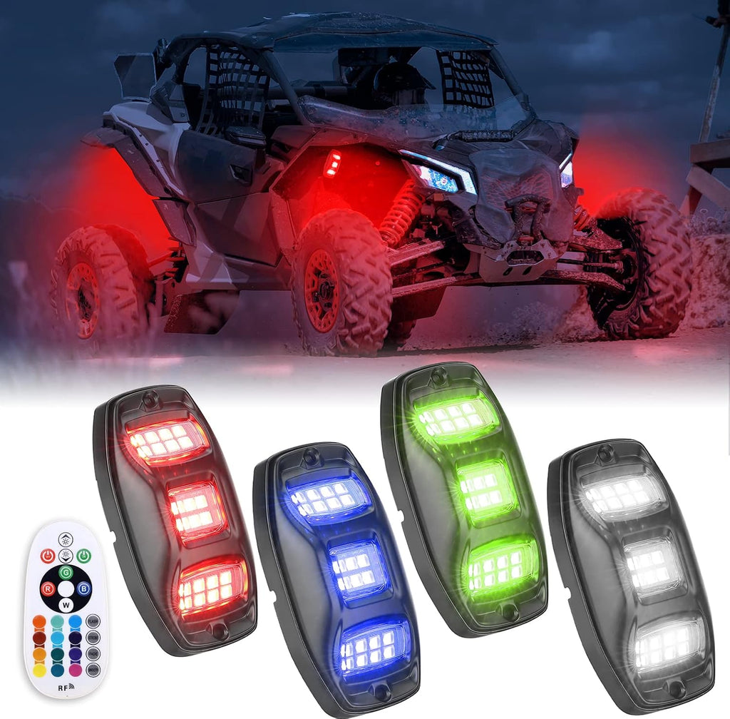 KEMIMOTO 4 Pods LED Rock Lights for Truck UTV, APP RF Dual Control Underglow Multicolor Neon Light Pod Universal Lighting for ATV, Car, Golf Cart, RV, Compatible with Can-Am X3 Polaris RZR Sportsman