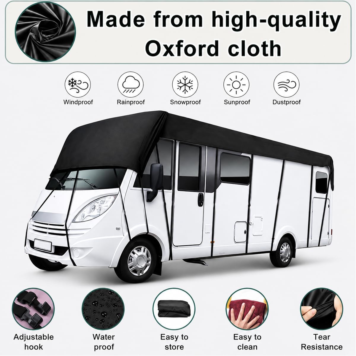 RV Cover for Forest River Alpha Wolf 2018-2026, Waterproof Windproof Oxford Cloth Motorhome Cover, All Season Heavy Duty Camper Cover with Adjustable Straps