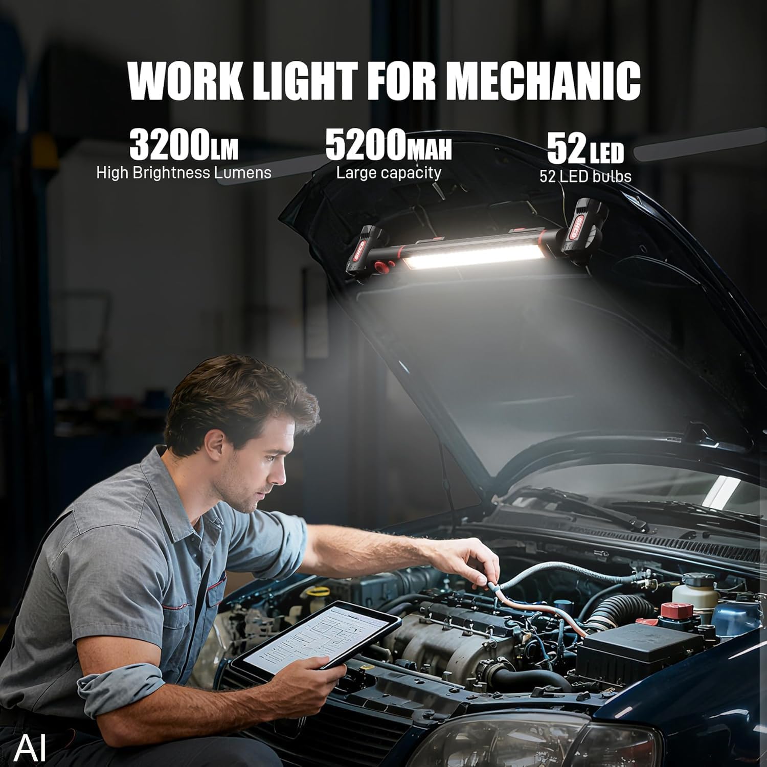 YouTeMei Under Hood Work Light Bar, Ultra Long Size Magnetic Work Light with 5200mAh Backup Charger, 3220LM, Hands-Free Garage Light for Mechanics, Emergency, Vehicle Inspection