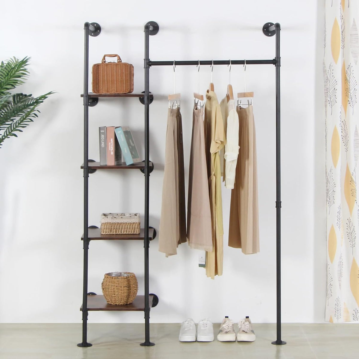 industrial pipe clothing rack with shelves, 71inch wall, main product view