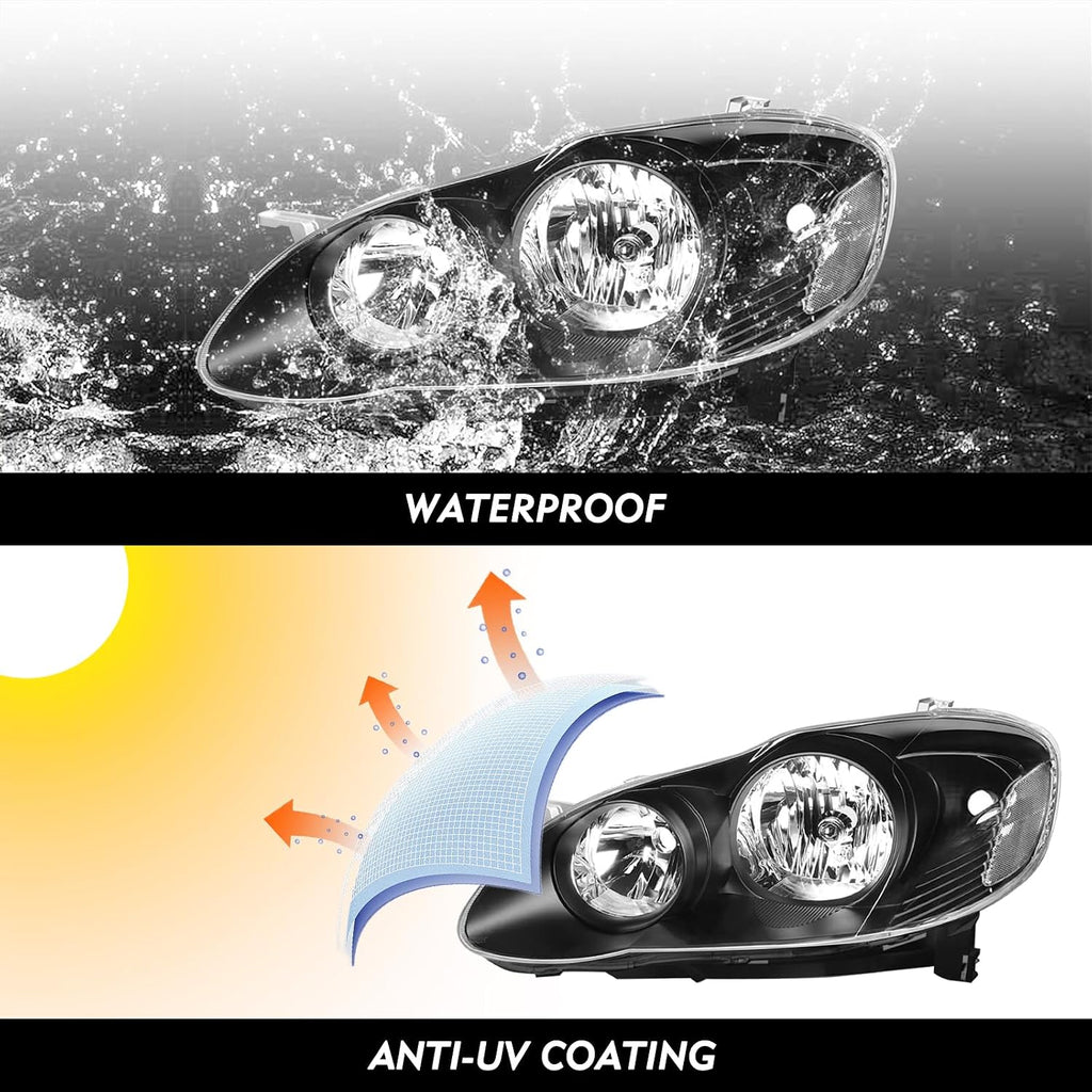 TUSDAR Headlight Assembly Replacement for Toyota Corolla 2003 2004 2005 2006 2007 2008 Headlamps Replacement Passenger and Driver Side, Black Housing with Clear Reflector
