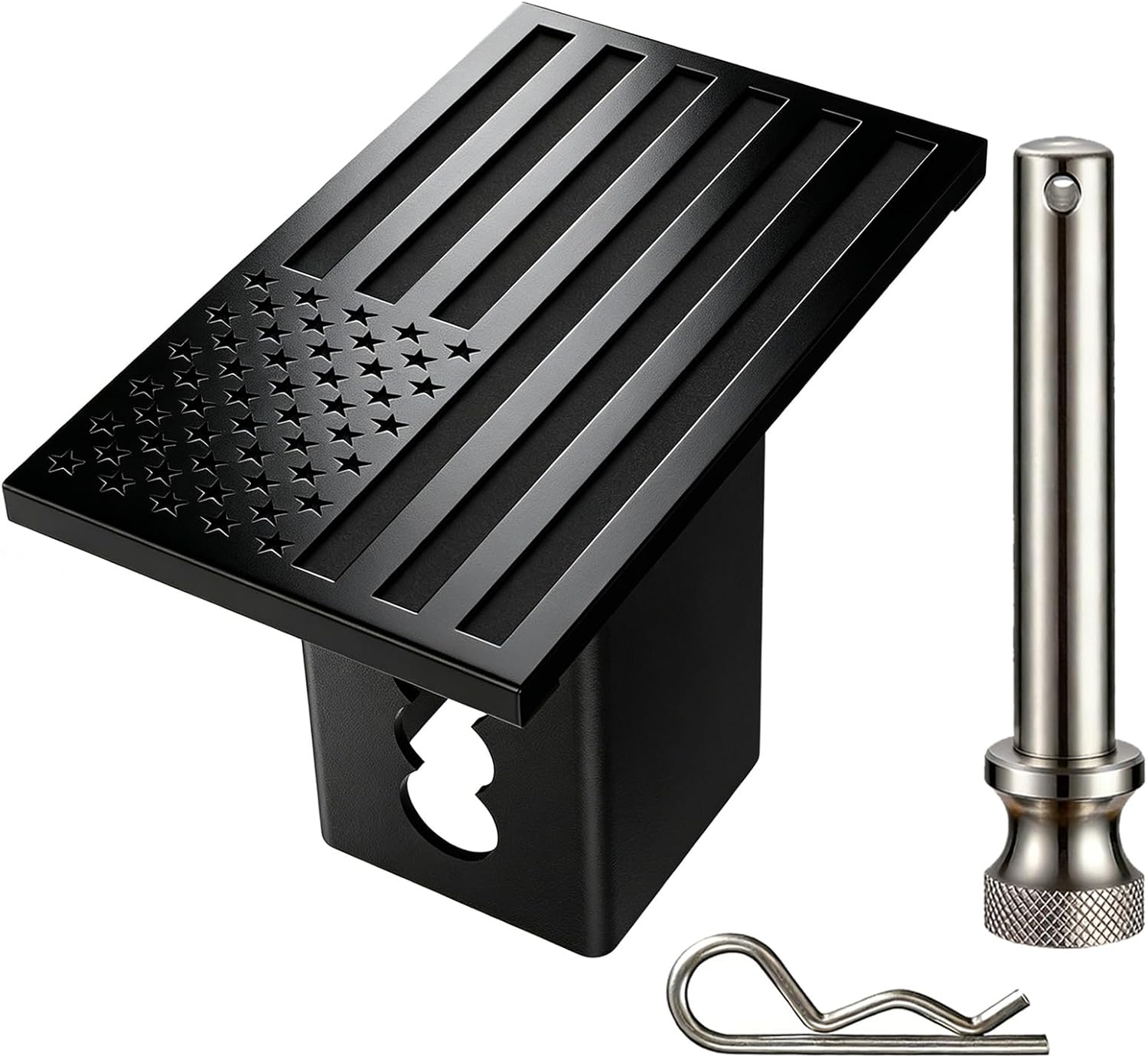 Synrroe Heavy Duty American Flag Trailer Hitch Cover, Black, 2 Inch | Coated Black Stainless Steel Flag, Aluminum Base, Mechanically Fastened, 5/8" Stainless Pin