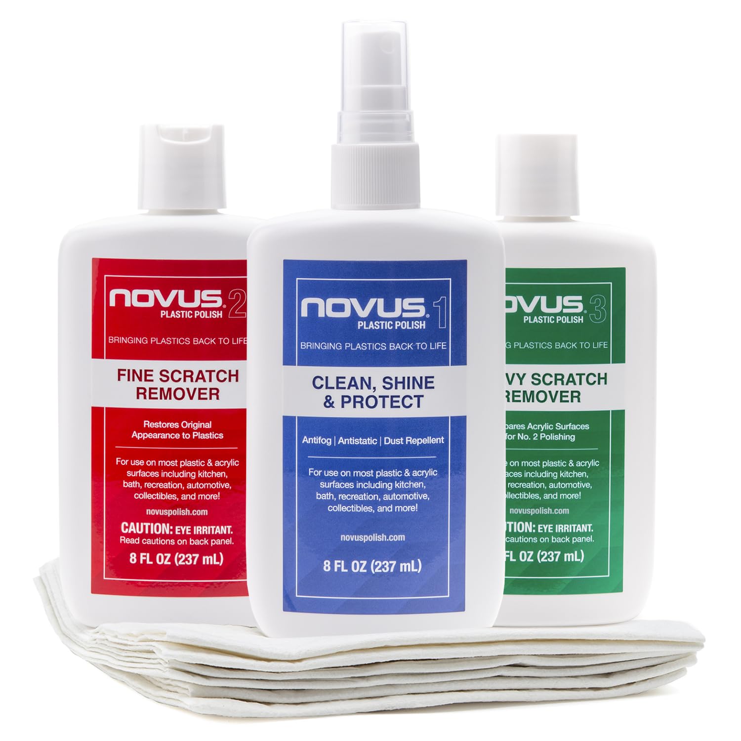 NOVUS-PK1-8 | Plastic Clean & Shine #1, Fine Scratch Remover #2, Heavy Scratch Remover #3 and Polish Mates Pack | 8 Ounce Bottles | Automotive Detailing Supplies & Plastic Restorer for Cars