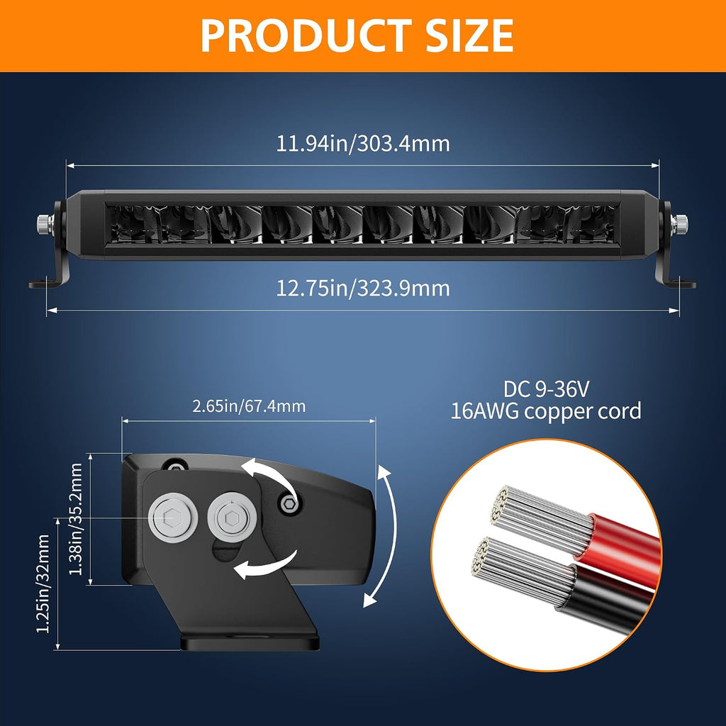 white amber led light bar 12 inch slim, front angle view