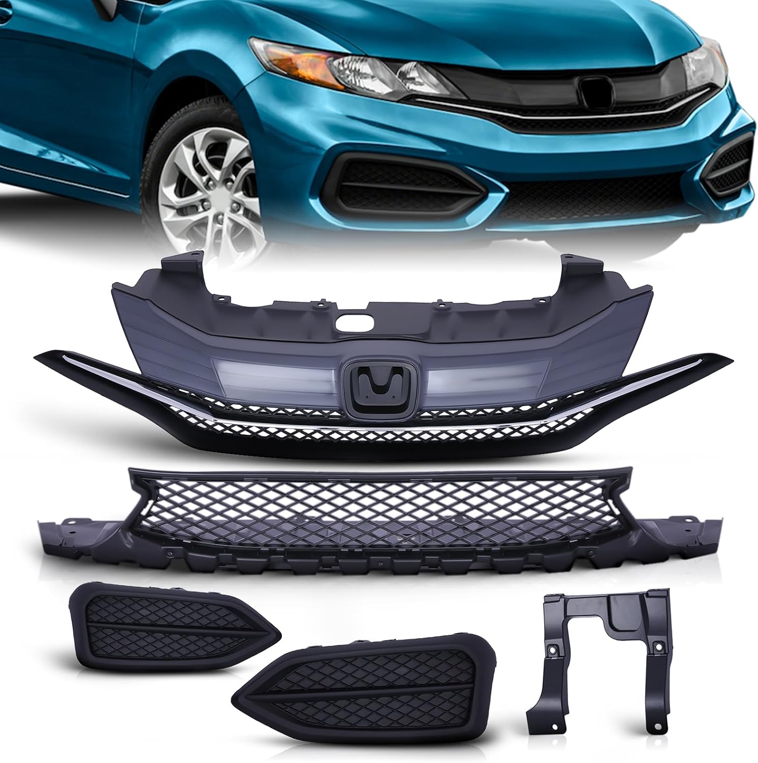 Front Grill for 2014 to 2015 Honda Civic Upper & Lower Grille with Fog Lamp Cover, Black Factory Style Replaces 71120-TS8-A51, 71105-TS8-A51