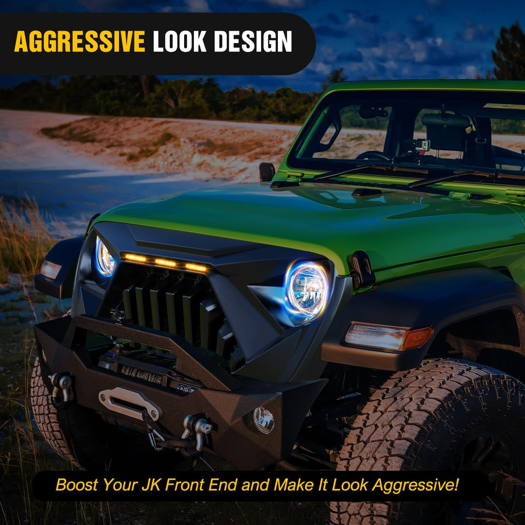 Nilight Front Bumper Grill Cover for 2018 2019 2020 2021 2022 2023 2024 2025 Wrangler JL and Gladiator JT with LED Amber Lights Matte Black