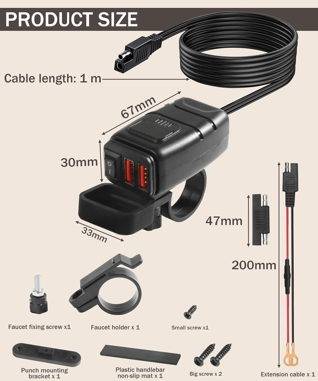 Bylikeho Motorcycle Phone Charger with Voltmeter & ON/Off Switch, SAE to USB Adapter for Phone, Tablet, GPS