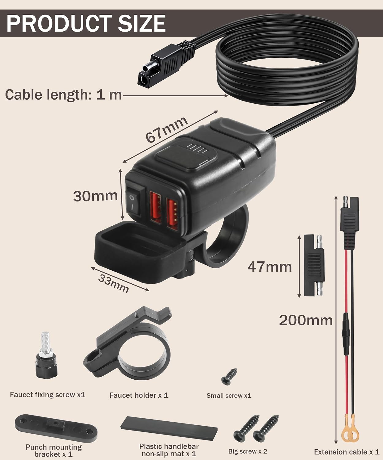 Bylikeho Motorcycle Phone Charger with Voltmeter & ON/Off Switch, SAE to USB Adapter for Phone, Tablet, GPS