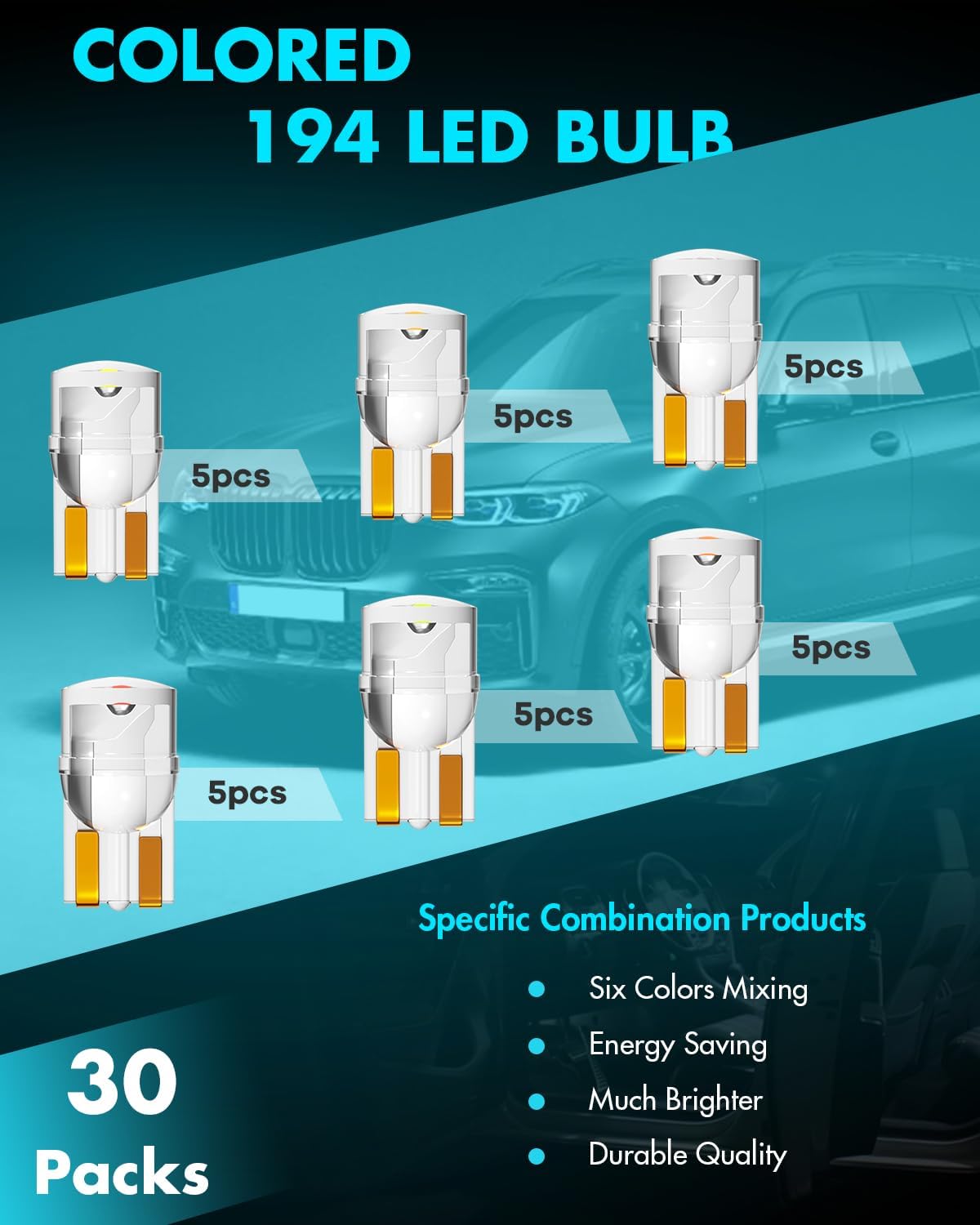 Alopee 30-Pack Acrylic 194 LED Light Bulb, 12V T10 Wedge Base, Multicolor | 168 2825 W5W Replacement Bulbs for Car Gauge Cluster, License Plate, and Marker Lights