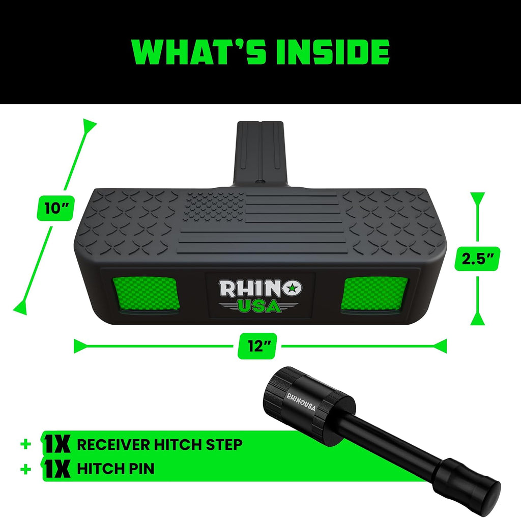Rhino USA Tow Hitch Step for 2IN Receivers. Anti-Slip Grip, Reflective Material and Bumper Protection Perfect for Trucks, SUV's and More - Locking Trailer Hitch Pin Included! - Black