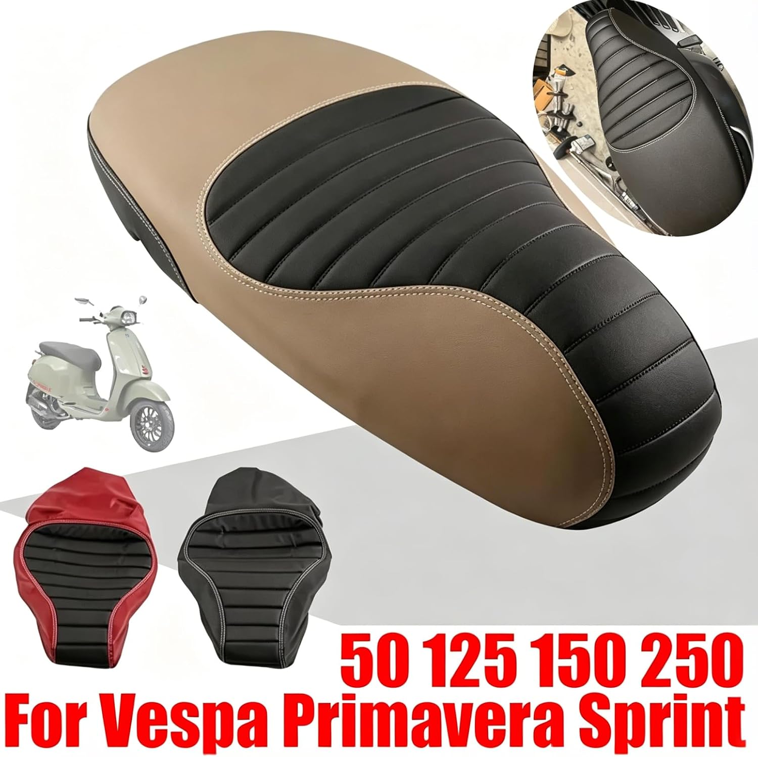for Vespa Primavera Sprint 125 250 150 50 Leather Seat Cushion Thickened Sponge Insulation Seat Cover Protector (Champagne)