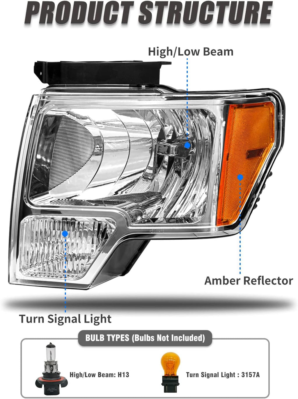 2009 2010 2011 2012 2013 2014 Ford F150 Pickup Headlight Assembly for 09-14 Ford F150 Clear Lens Chrome Housing with Amber Reflector Headlamp Replacement Left and Right Pair（W/O Bulbs）