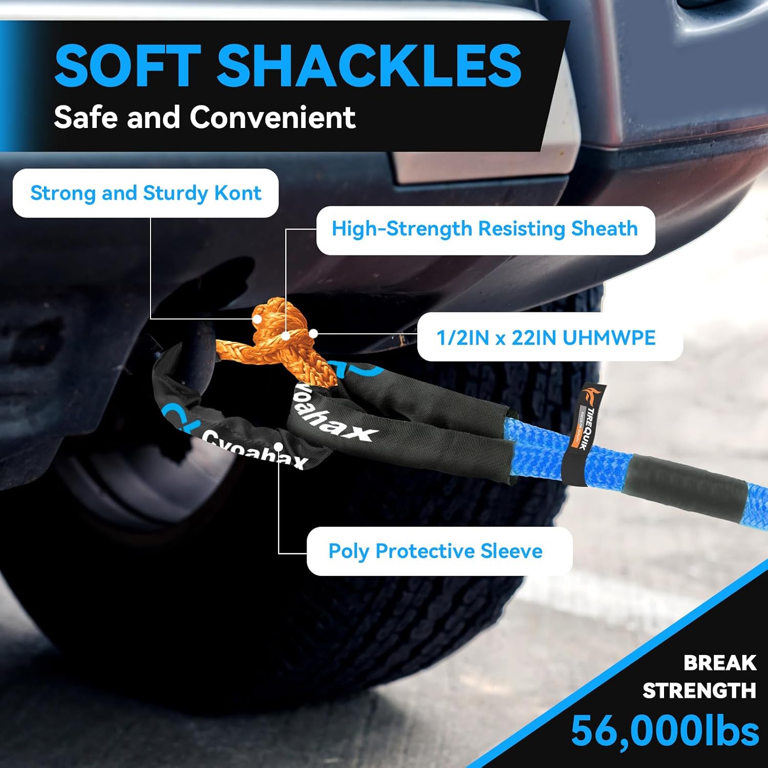 Kinetic Recovery Rope(Reflective) 1" x30ft Tow Rope with Soft Shackle | 48500LBS Heavy Duty Stretch Nylon & Extreme Duty 35% Elasticity Energy Snatch Strap for Trucks SUV UTV ATV Car, Blue