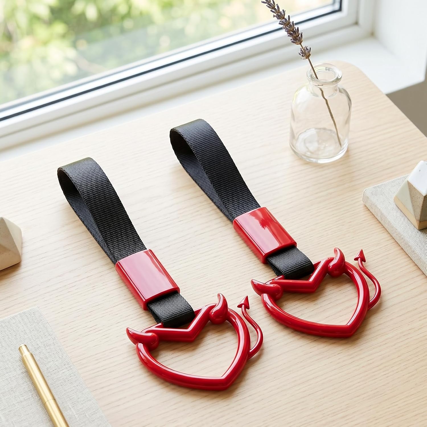 2 Pcs Devil Heart Shaped Car Handle Strap – JD M Drift Charm Rear Bumper Warning Ring Decor for Car Interior Exterior, Subway Bus Handle Accessory, Cute Heart Car Decor Gift (Red-Tail)