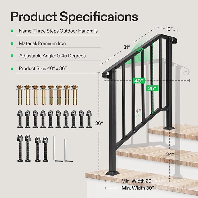 VIVOSUN Outdoor Handrail, 3 Step Stair Handrail, Wrought Mattle Iron Stair - Image 2