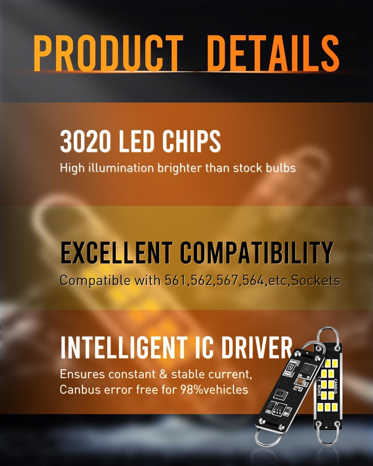 44MM Super Bright LED for Car Dome Light, Compatible 561 562 567 564 3020 Bulbs, Xenon White Interior Lighting Use for Trunk Cargo Light, License Plate Bulbs, Pack of 4