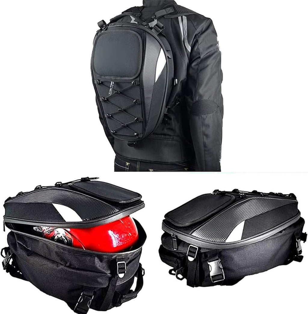 Motorcycle Tail Bag,Waterproof Seat Bag,Dual Use Backpack With Cargo Net | Expandable Helmet Bag with Rain Cover & Shoulder Strap, Multifunctional Storage Saddle Bag, Motorbike Luggage Tail Pack