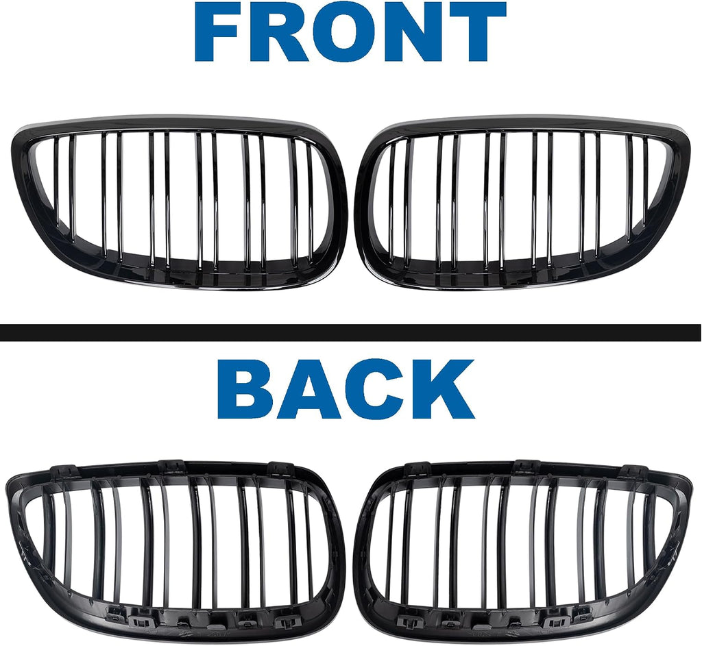 E92 E93 M3 Front Kidney Grille ABS Double Slats Gloss Black 2Pcs | Sporty Style Grille Upgrade, No-Drill Clip-On Install, Sensor & Airflow Compatible With BMW 3 Series E92 E93 M3 2006-2010