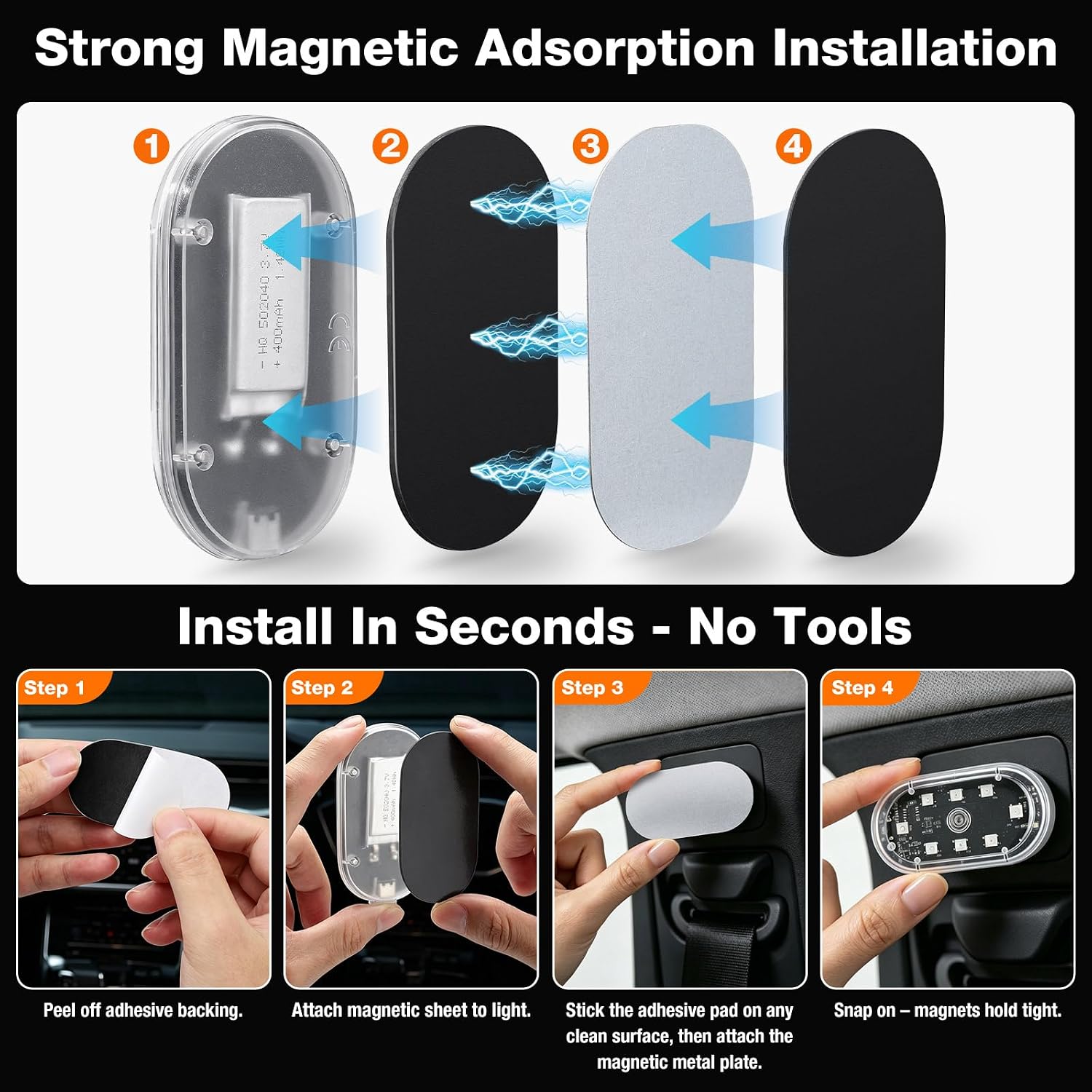 4Pcs Magnetic LED Interior Car Lights – 8 Colors RGB Wireless Ambient Lighting with Remote & Touch Control, USB Rechargeable Portable Strobe Nightlight for Footwell Door Dash Glove Box – Car Truck SUV