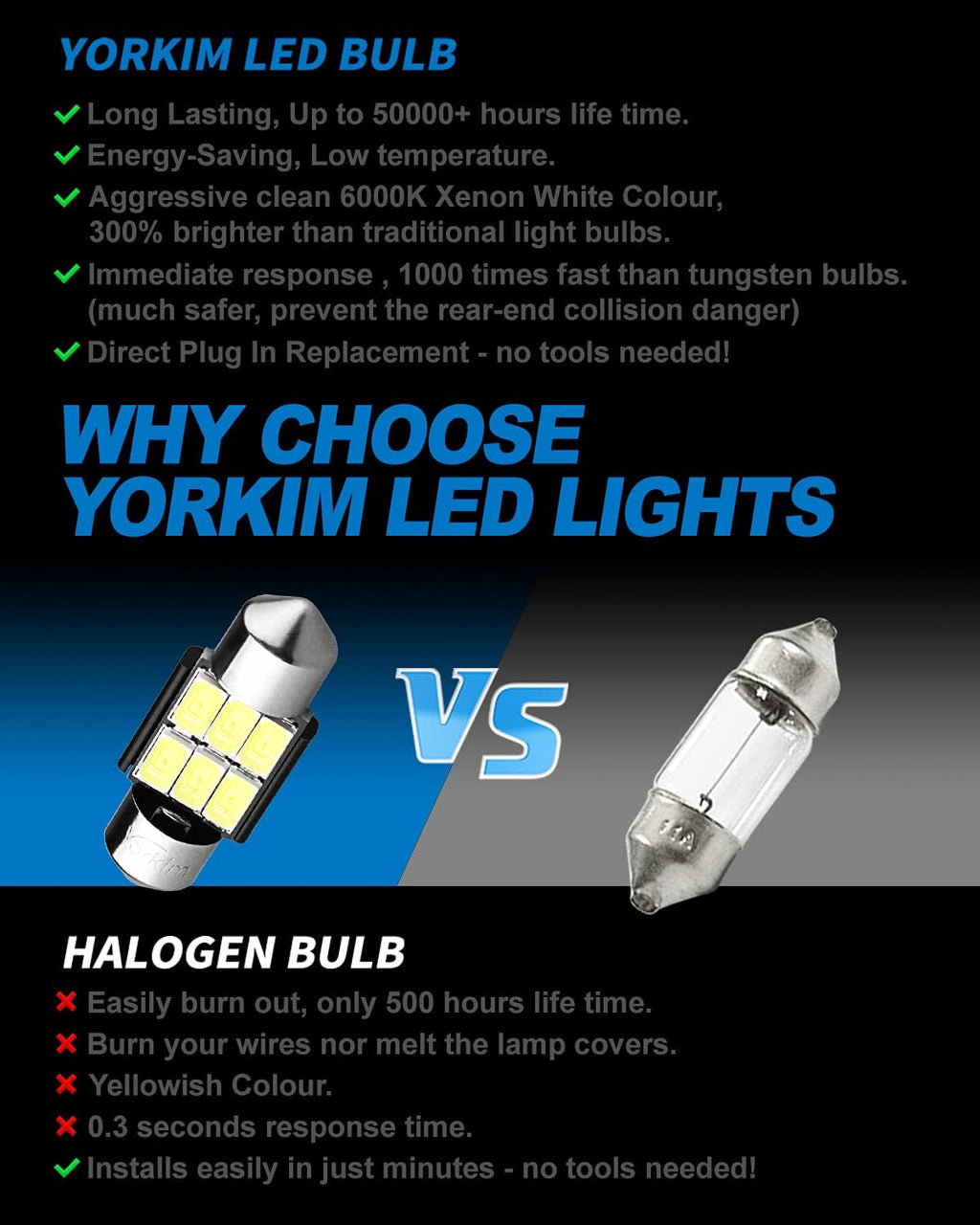 Yorkim DE3022 LED Bulb Super Bright DE3175 Festoon Bulbs White, Error Free Canbus 6-SMD 5730 Chipsets, DE3021 Interior Car Lights 31mm LED Bulbs for dome map light - Pack of 4