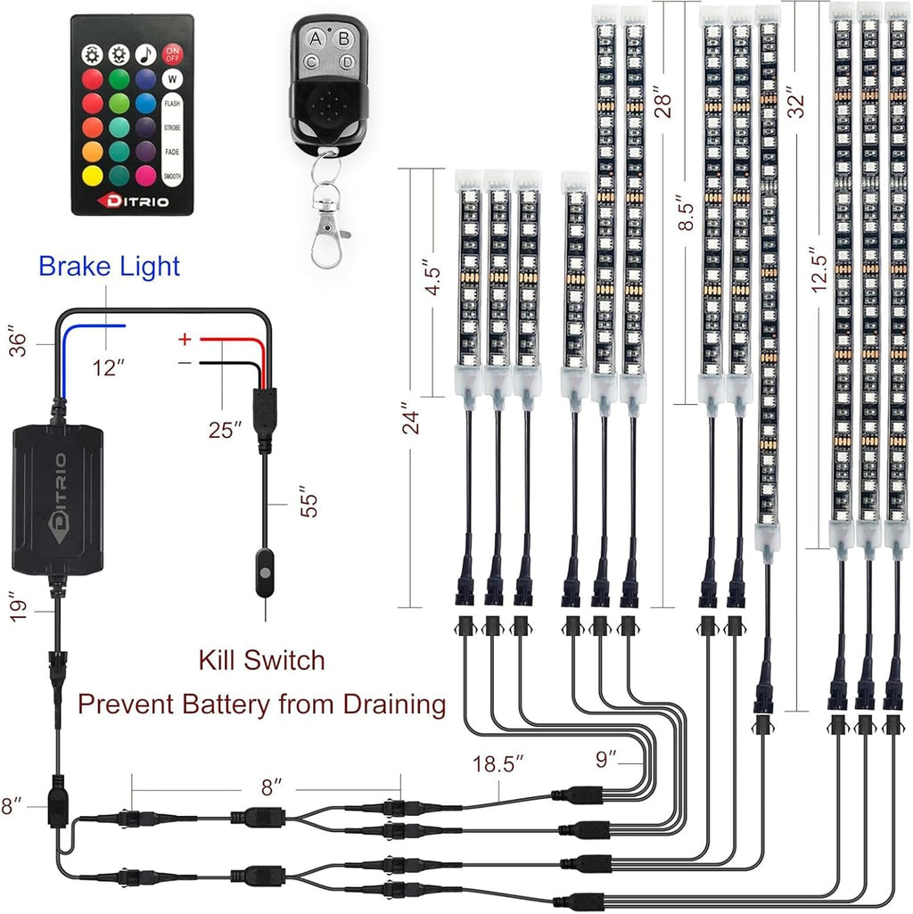 DITRIO 12pcs Underglow RGB LED Strip Light Kit DC 12V with 2 Red Blinking Brake Light Styles for Motorcycles Trikes Golf Carts ATVs UTVs – M12r