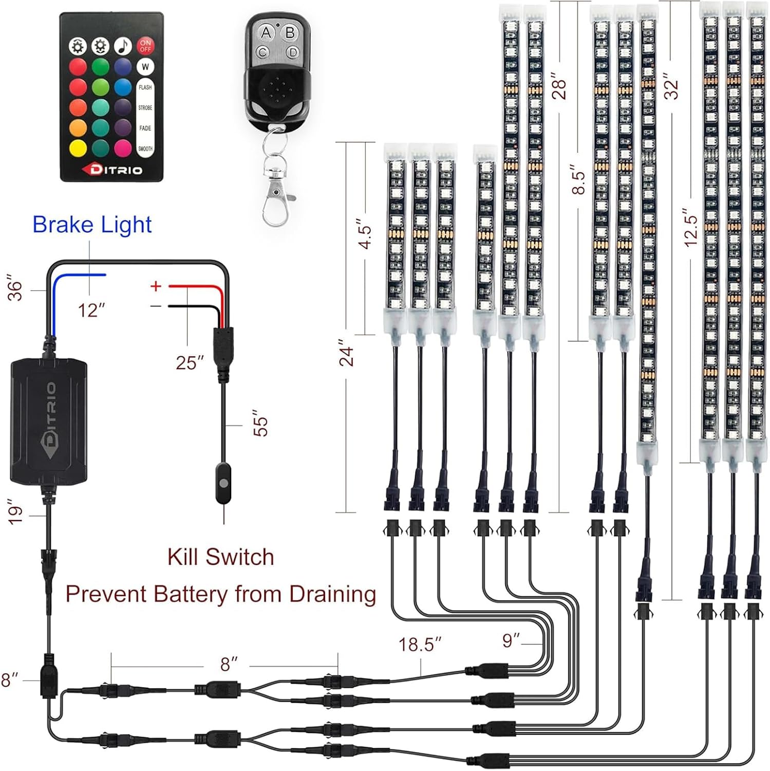 DITRIO 12pcs Underglow RGB LED Strip Light Kit DC 12V with 2 Red Blinking Brake Light Styles for Motorcycles Trikes Golf Carts ATVs UTVs – M12r