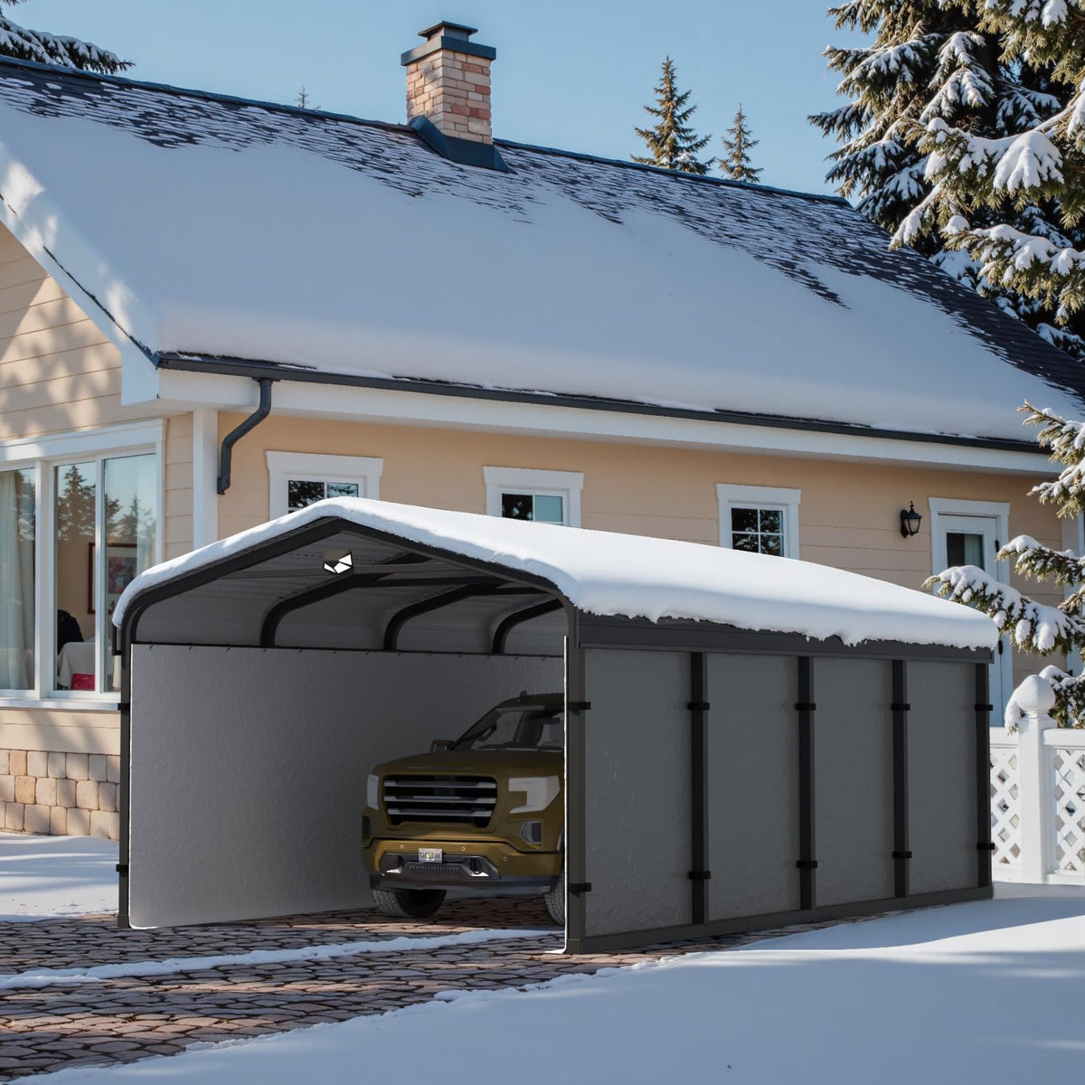 12x20 heavy duty metal carport canopy, drive through, front angle view