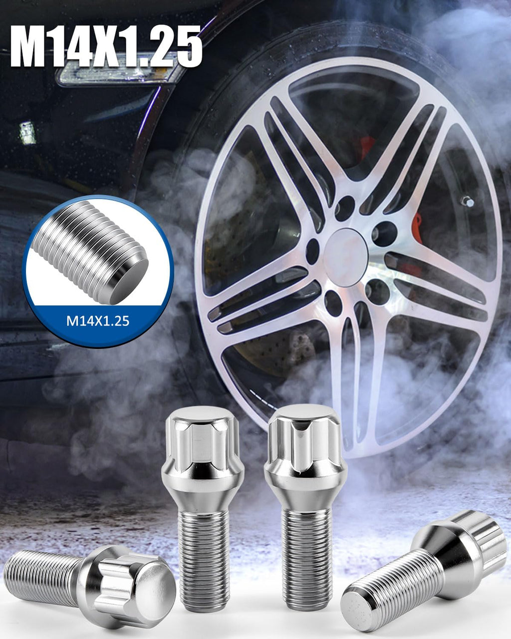 GAsupply 14X1.25 Lug Bolts 4 Locks + Key Fit for BMW Mini Aftermarket Wheels, 28mm Shank Length, Acorn Conical Seat Chrome Lock Lug Bolt Studs Dual 17mm & 19mm Hex Key
