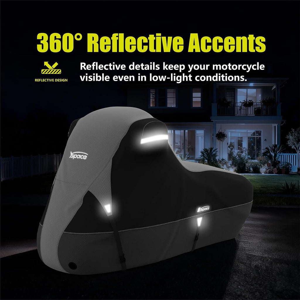 YSPACE Motorcycle Cover with Side & Top Box Heavy Duty 600D Waterproof, Night Reflective Strips, Fits Touring Models Harley Davidson, Ultra Limited,Ultra Classic,Road Glide,Electra Glide,Black/Gray