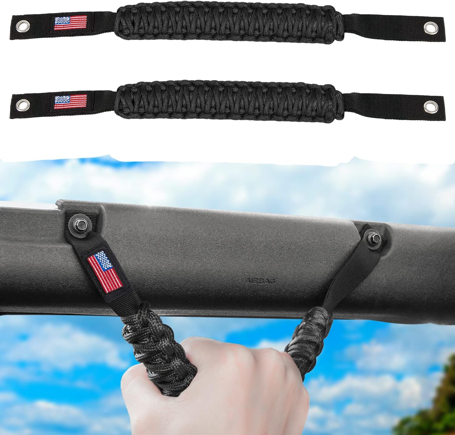 E-cowlboy Roll Bar Grab Handles Paracord Grip Handle for Ford Bronco 2021 2022 2023 2024 2-Door 4-Door Interior Accessories Premium Paracord US Flag (Black 2 Pack)