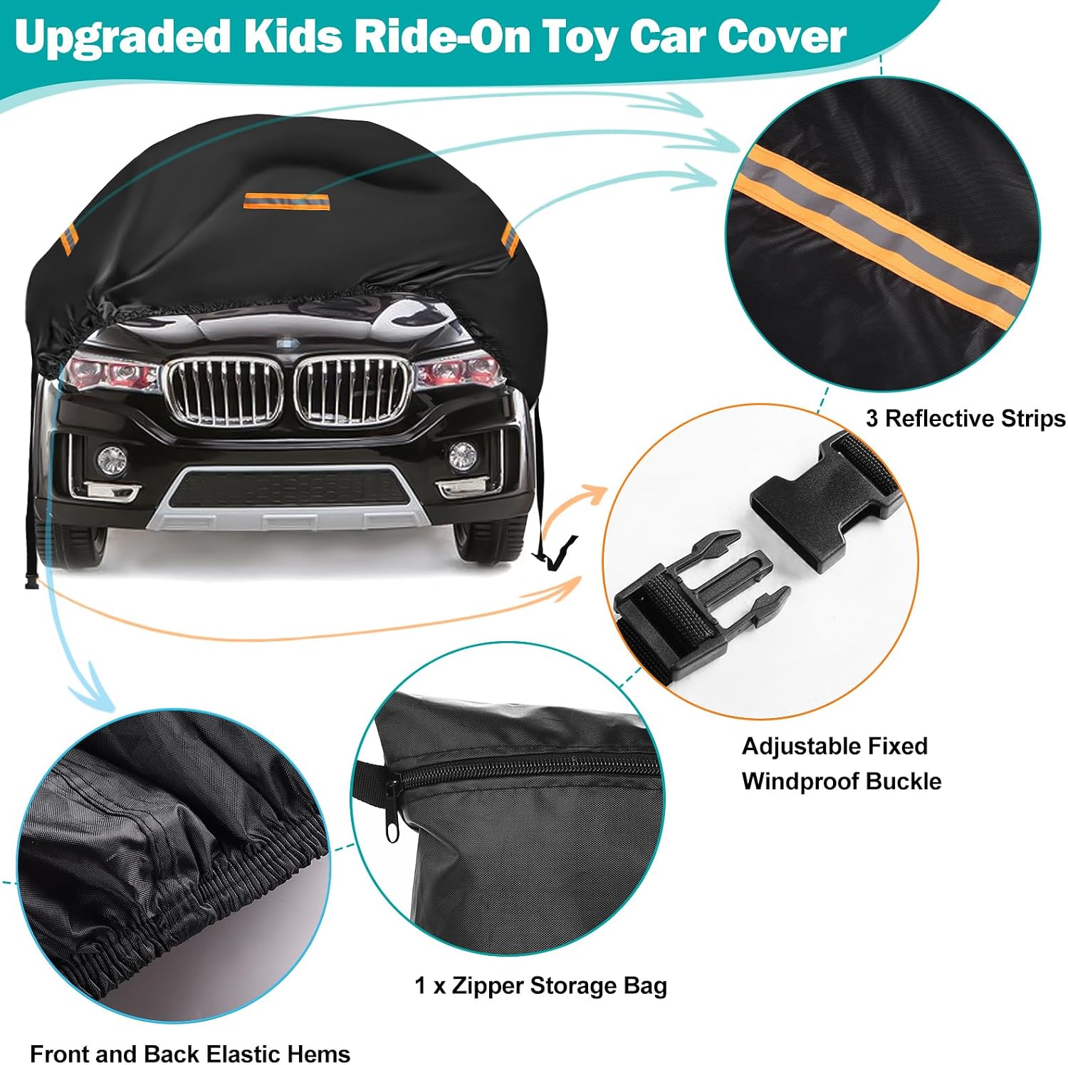 Kids Ride On Car Cover,Large Power Wheels Cover Waterproof,210D Universal Toy Car Cover for Power Wheels Jeep & Toddler Electric Vehicles,All Season Protection,with 3 Reflective Strips