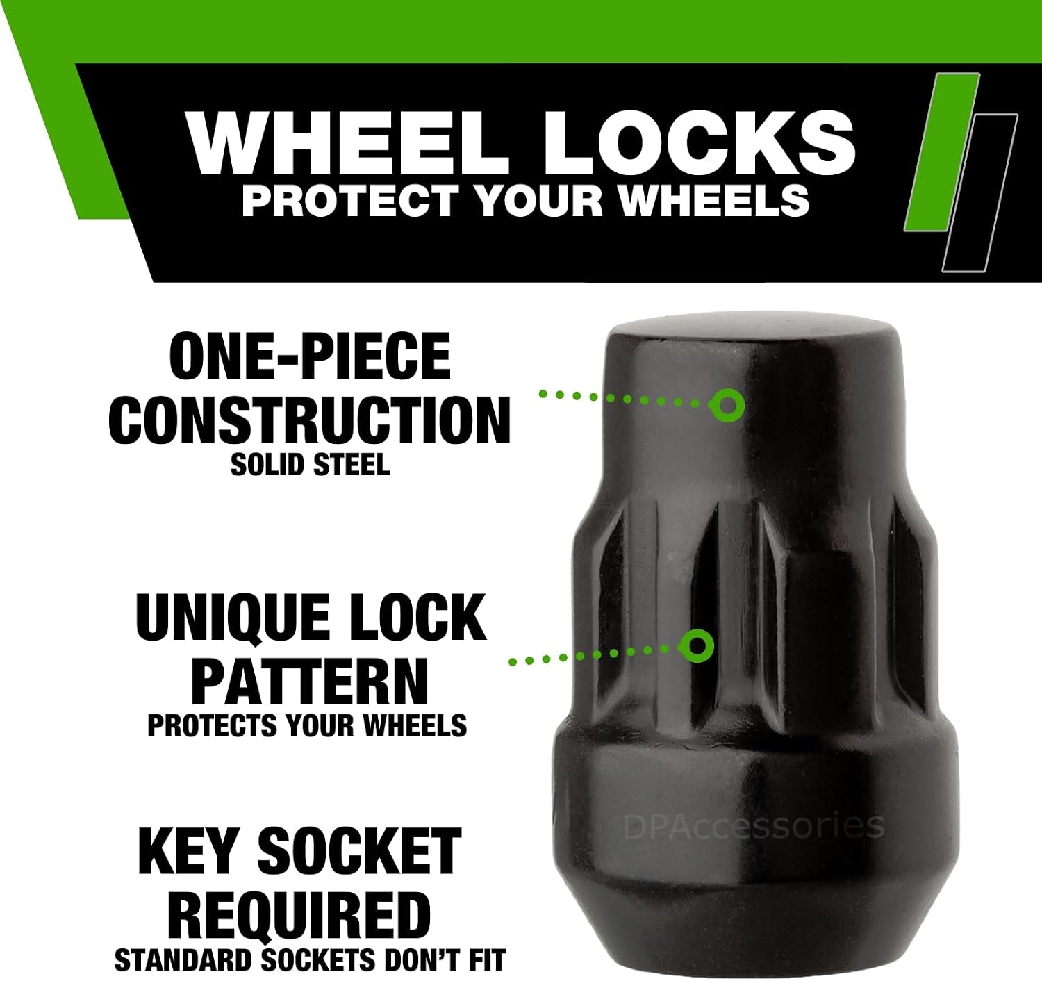 DPAccessories Locking Lut Nuts Compatible with 2005-2021 Nissan Frontier | for Factory Aluminum Wheels Only | Set of 4 Black Wheel Locks & 1 Key | DNIFRO02F-BK/LK1