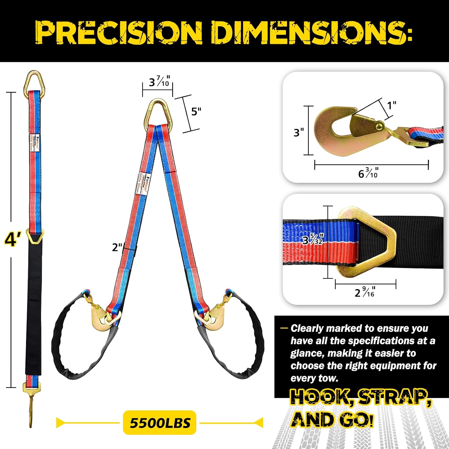 V-Bridle Tow Strap(Red&Blue) 2" x 4' with Snap Hooks, Cordura Sleeve, and Axle Straps, D-Ring for Enhanced Stability, Recovery Strap 5500lbs Load for Car Towing, Rollback, Flatbed, Tow Truck