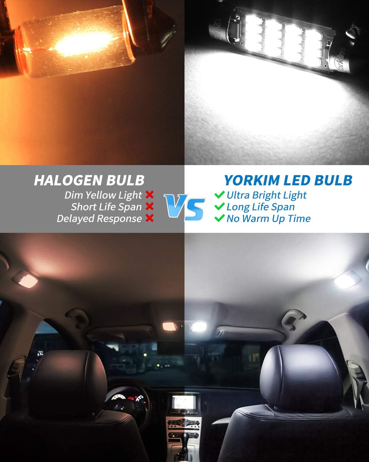 Yorkim 578 Festoon LED Bulb 41mm 42mm LED White Super Bright Canbus Error Free 16-SMD 4014 Chipset, 212-2 Dome Light, Interior Light MAP Light 211-2 Bulb, Pack of 2