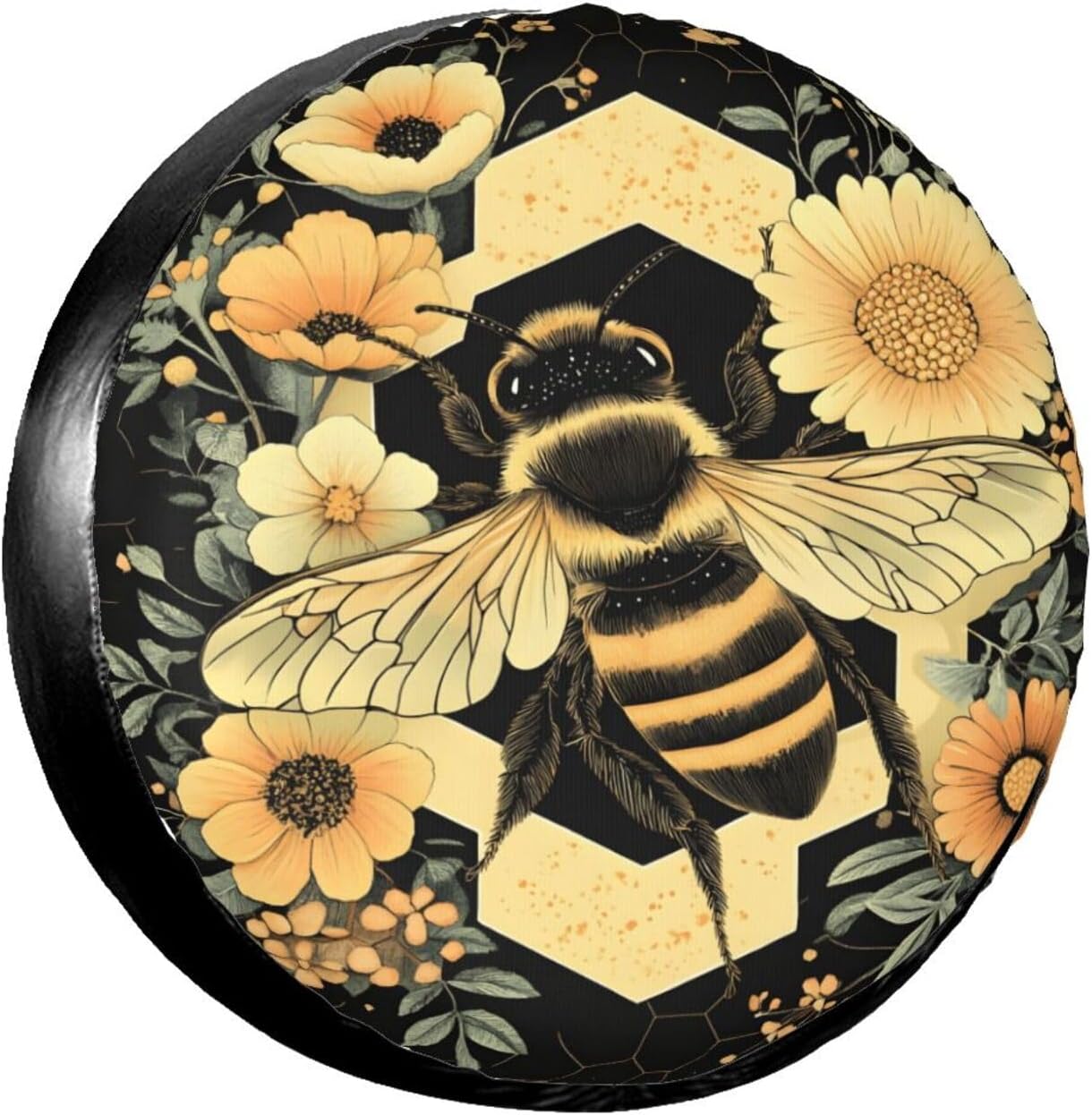 Tire Cover Waterproof for Jeep Trailer SUV Truck Rv – Honey Bee Flowers Hexagons 15 Inch Universal Spare Wheel Covers for Sun Rain Snow Uv Protection, Dust-Proof Tire Protectors