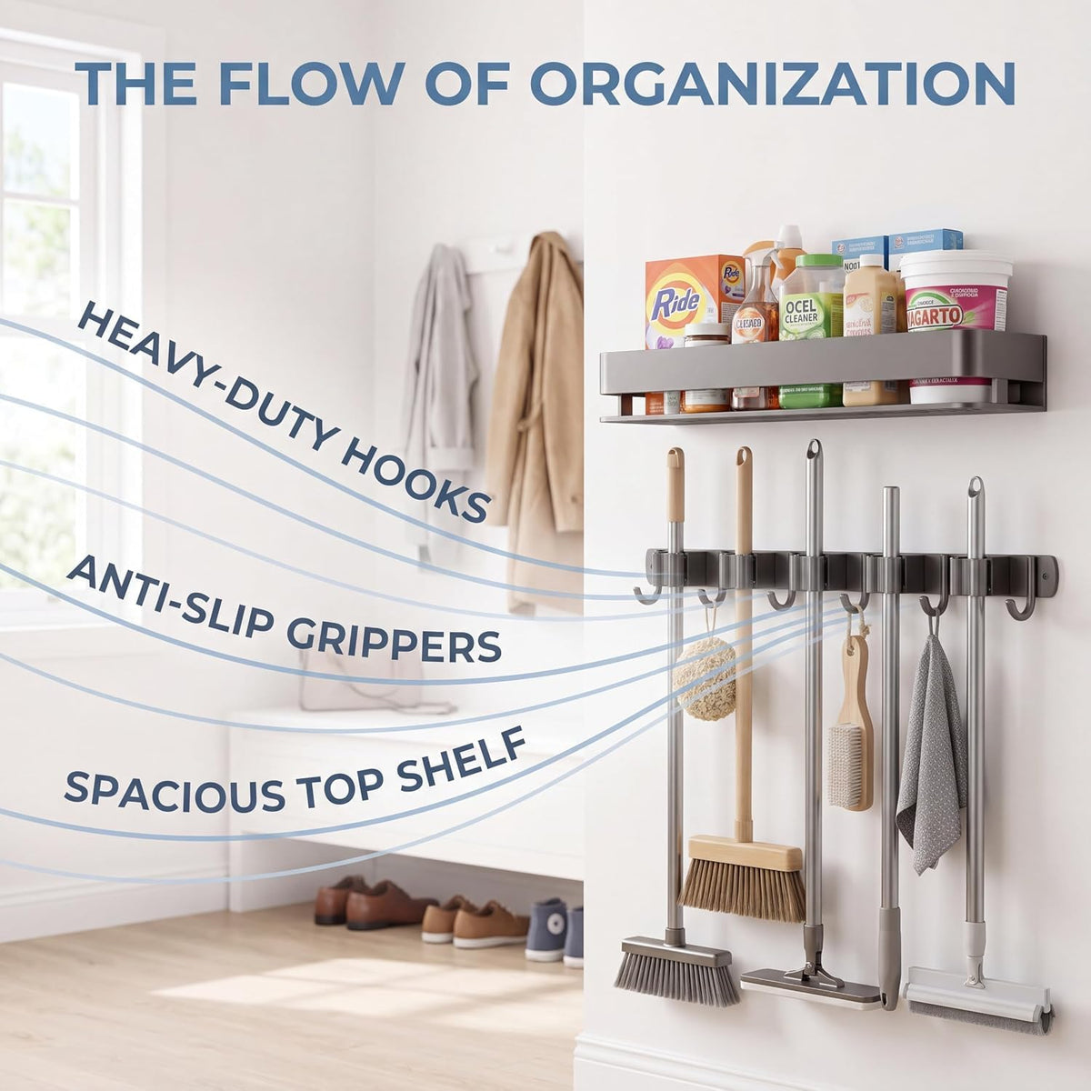24 inch mop and broom holder wall mount shown in use