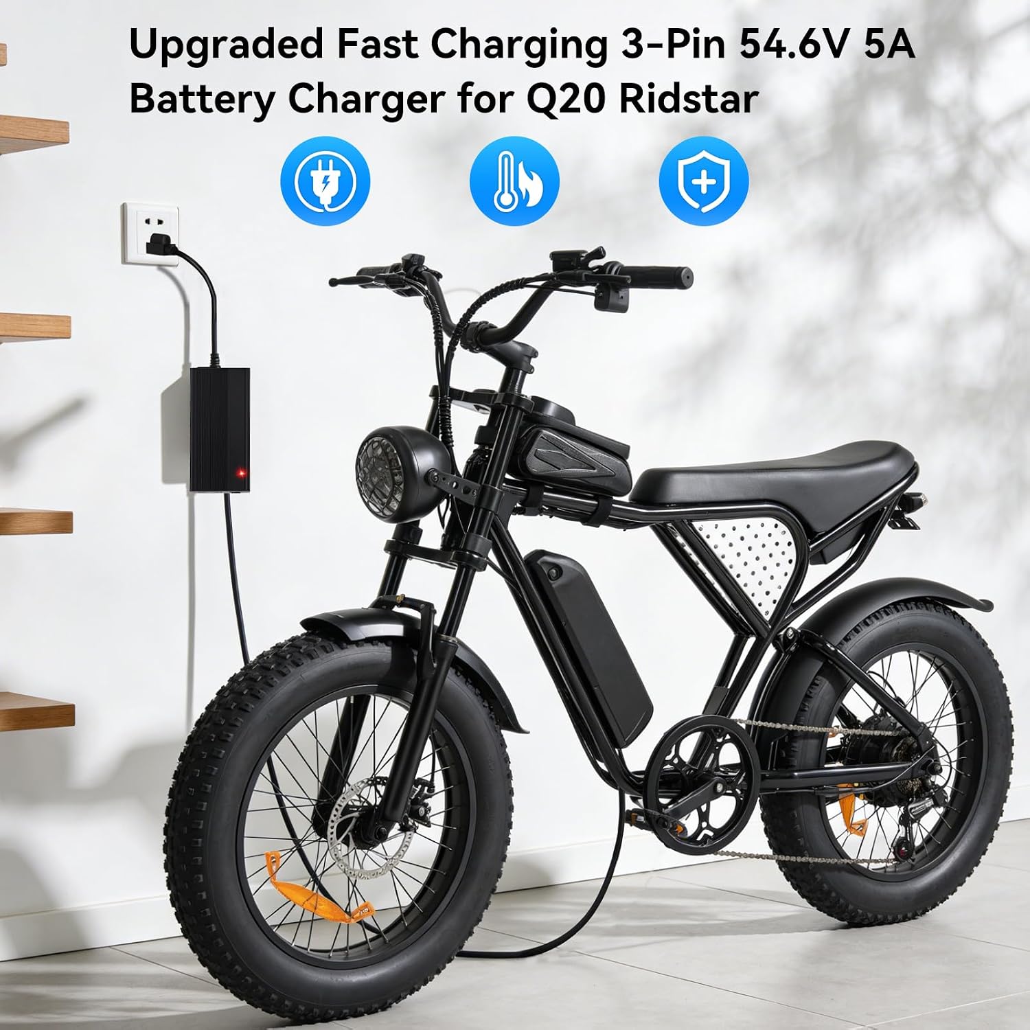 Upgraded Fast Charging 3-Pin 48V 5A Battery Charger for Q20 Ridstar, Battery Power Adapter, Waterproof & Moisture-Proof & Protection Against Overcurrent Charger Part for Q20 Ridstar ﻿(5A)