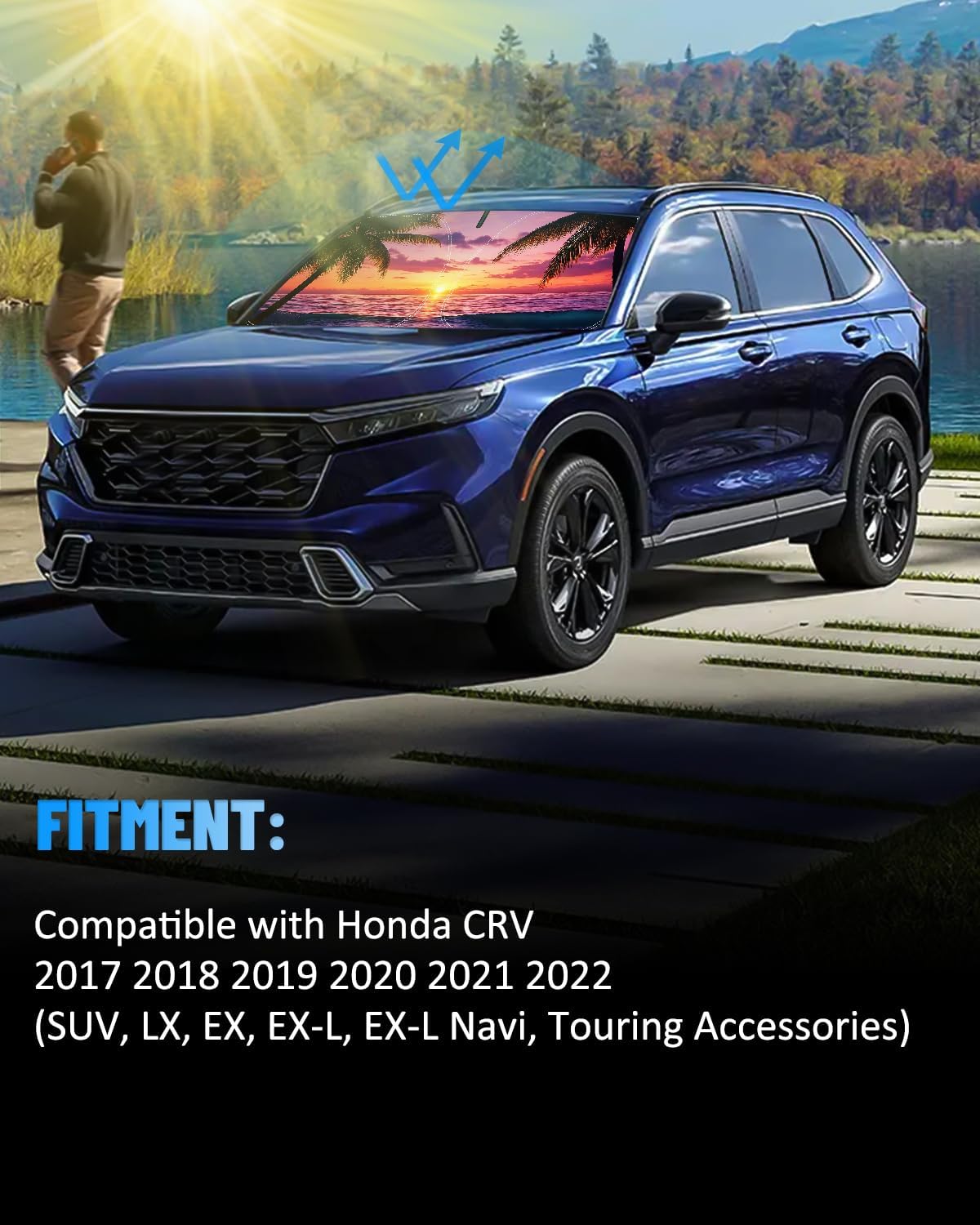 Sunset Beach Car Windshield Sun Shade Compatible with Honda CRV 2017-2022, Foldable Reflective Window Sunshade for UV Protection & Heat Reduction