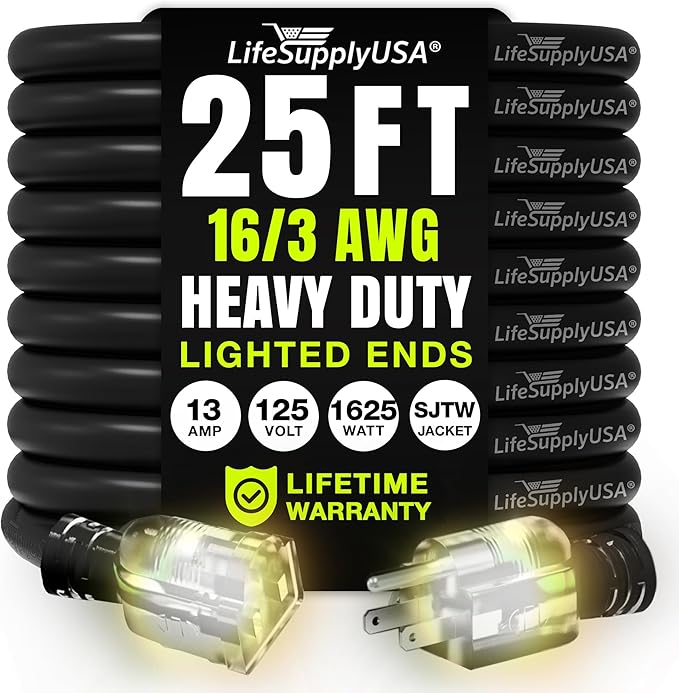 25ft Outdoor/Indoor Extension Cord 16/3 Gauge Heavy Duty 3 Prong SJTW, by LifeSupplyUSA