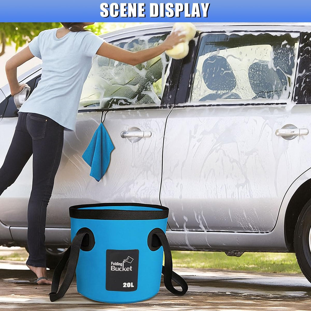 Collapsible Bucket with Handle, 5 Gallon 20L Multifunctional Foldable Water Container, Portable Waterproof Wash Basin for Fishing Camping Hiking Garden Car Washing (Blue)