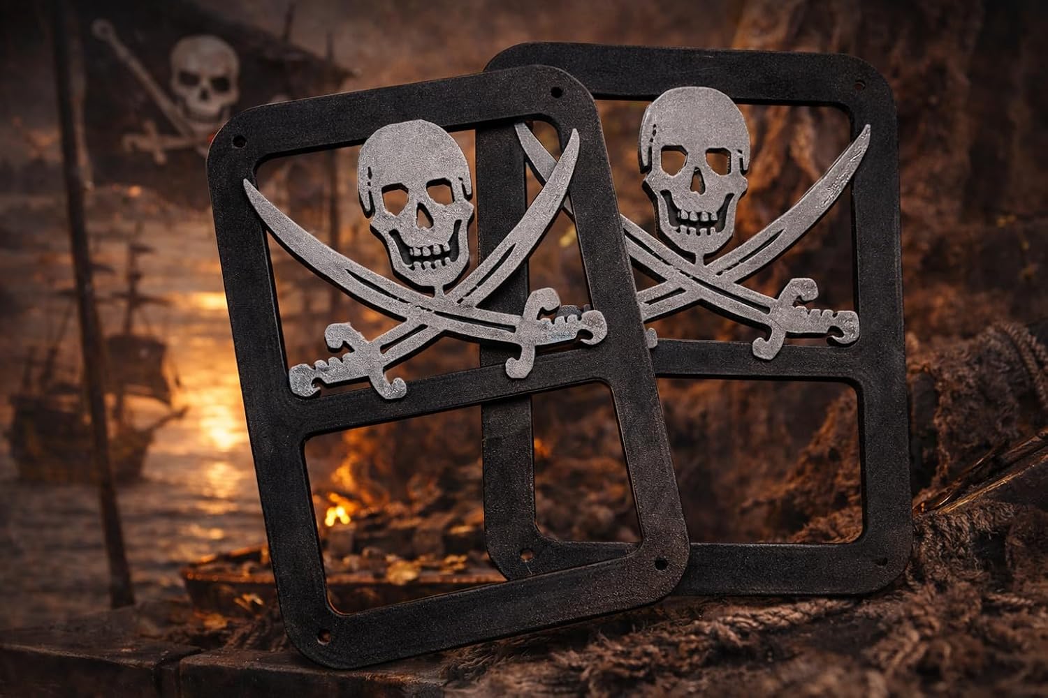 J Pirates Skull Skeleton in 3D - Black w Grey For Jeep Wrangler JK/JKU Rear Tail Light Covers (07-18) - Skull Skeletons Skulls w Swords