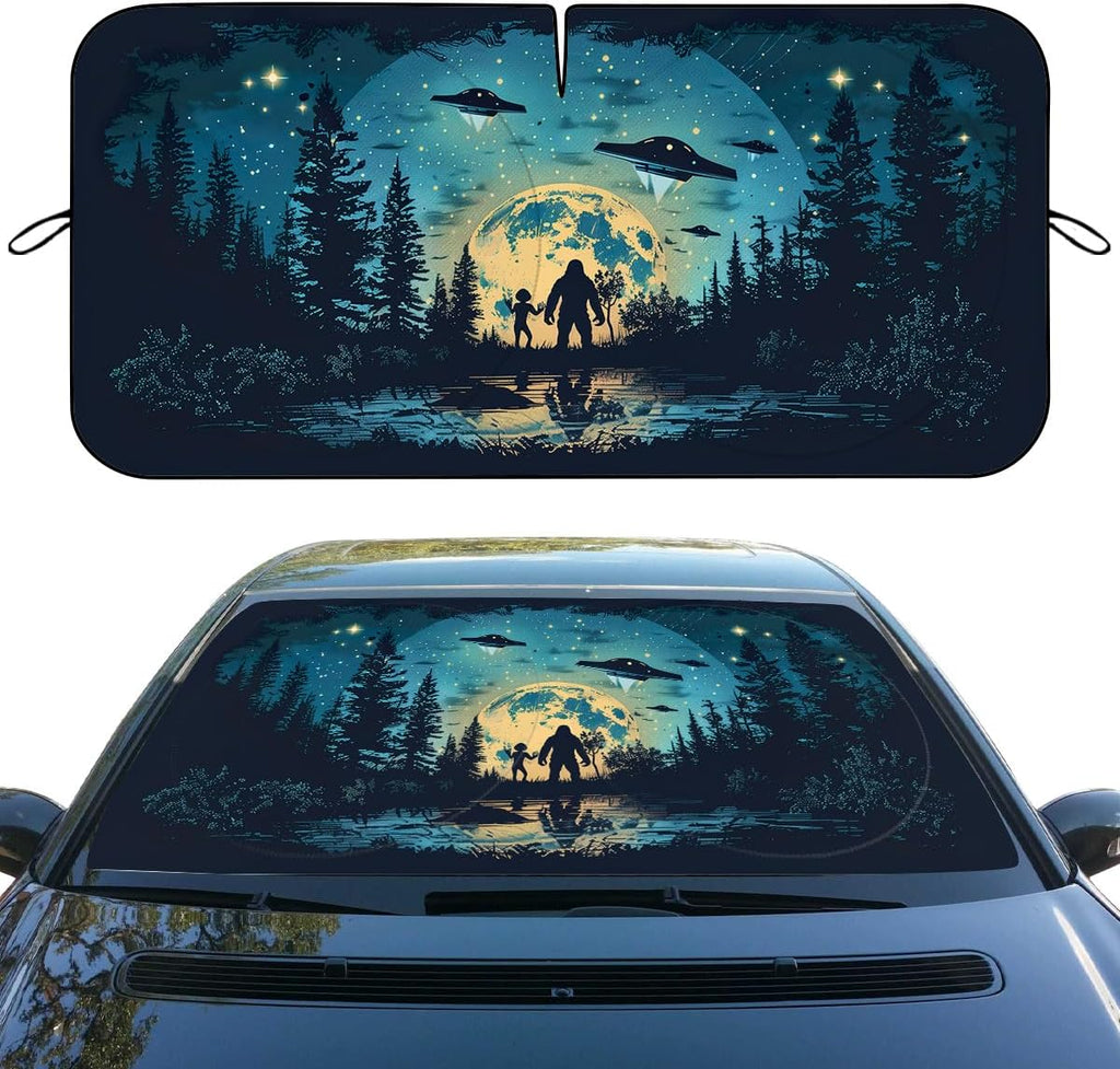 Bigfoot Alien Car Windshield Sunshade - Folding Moon UFO Trees Heatshield Front Window Sun Shade Visor Protector for Sedan Truck SUV - 59" L x 31.5" W