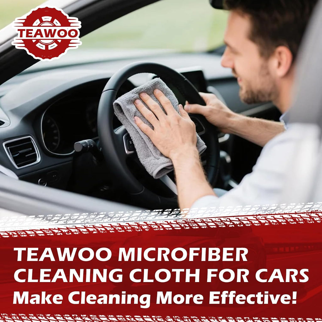 TEAWOO Microfiber Cleaning Cloths Bulk-15 Pack, Gray Microfiber Towels for Cars, Ultra Absorbent Microfiber Towel Weave Grime & Liquid for Streak-Free Mirror Shine - Car Washing Cloth, 12x12 inches