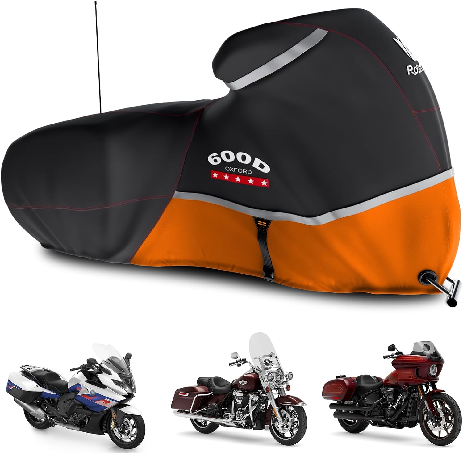Motorcycle Cover 600D Waterproof for Touring Models Harley Davidson Road King,Road Glide,Street Glide, Electra Glide,Low Rider-ST Indoor & Outdoor Storage Black/Orange