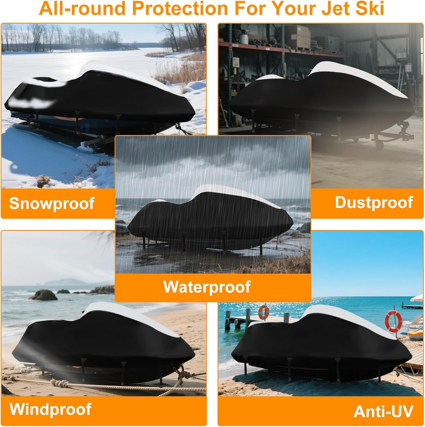 Jet Ski Cover 3 Seater,Upgraded 900D Heavy Duty Waterproof Waverunner Cover,2 Air Vent Marine Grade UV Resistant for Seadoo,Kawasaki,Waverunner Polaris from 136" to 145"(Black&Silver)