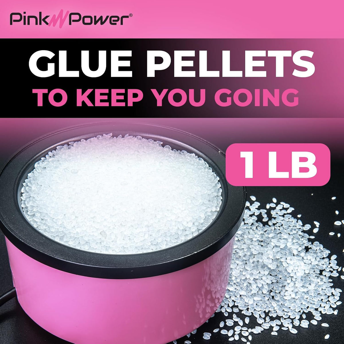 pink power electric hot glue pot for crafts showing dimensions