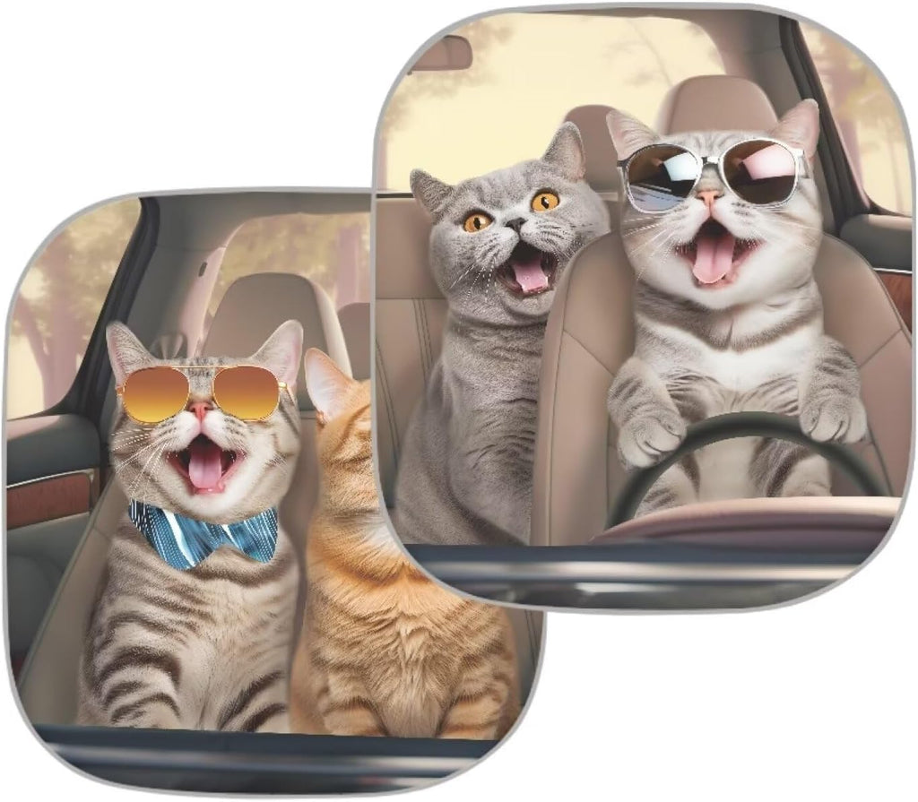 Funny Cat Driver Printed Windshield Sun Shade 2-Piece Foldable Front Window Sunshades Sun Visor Protector Blocks UV Rays Keeps Car Cool