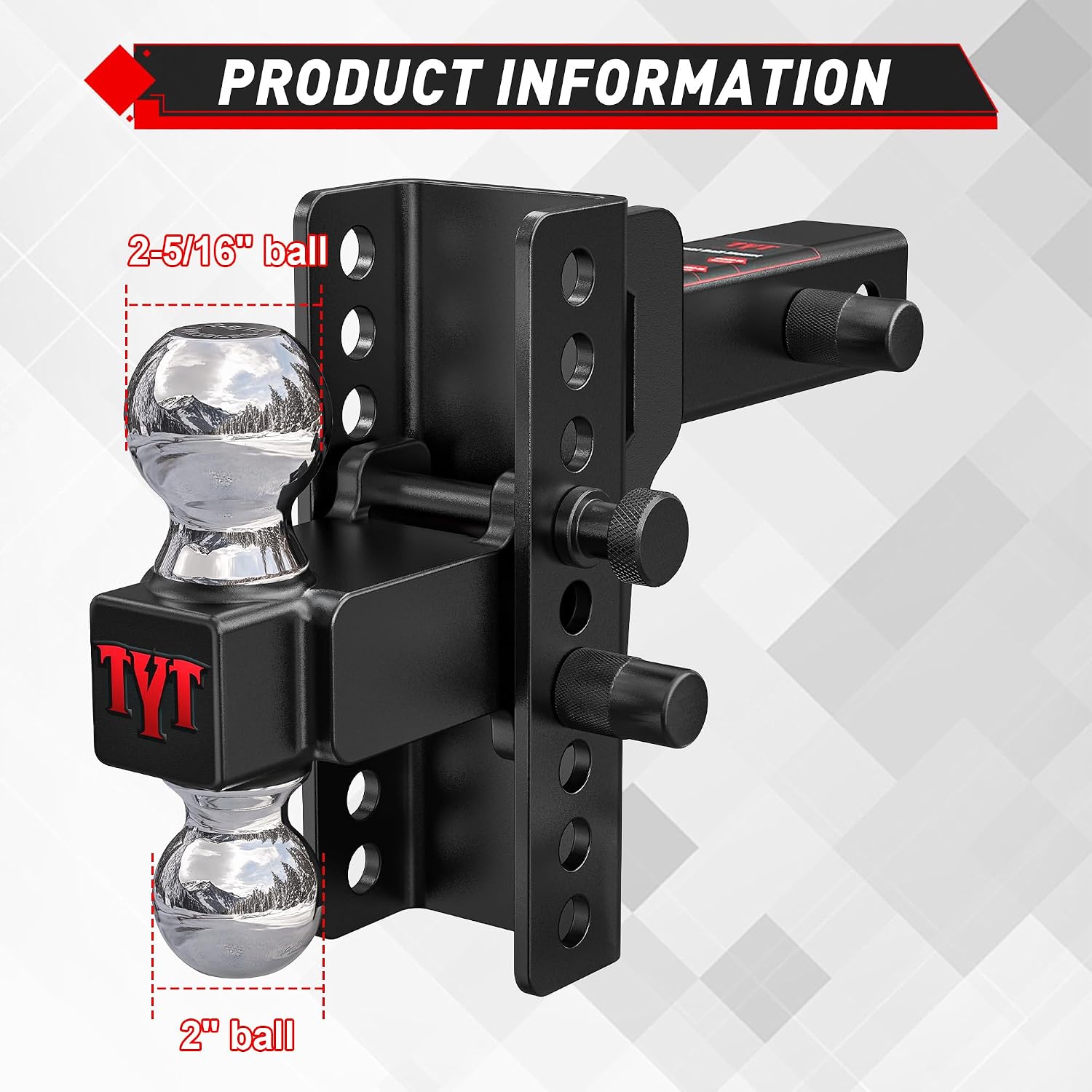TYT Adjustable Truck Trailer Hitch for 2 inch Receiver, 6" Drop/Rise Tow Hitch with Dual Balls (2" & 2-5/16"), Compatible with Heavy-Duty Trailer Systems up to 20,000 lbs, Includes Hitch Tightener
