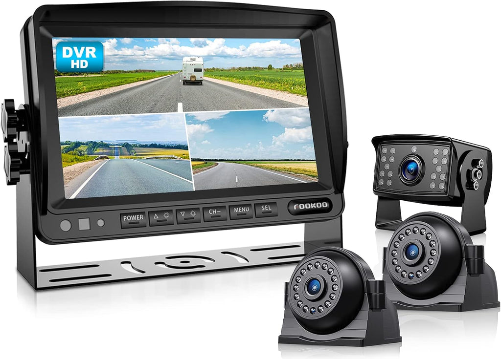 Fookoo HD 1080P 7" Wired Backup Camera System, 7-inch Quad Split Screen Monitor